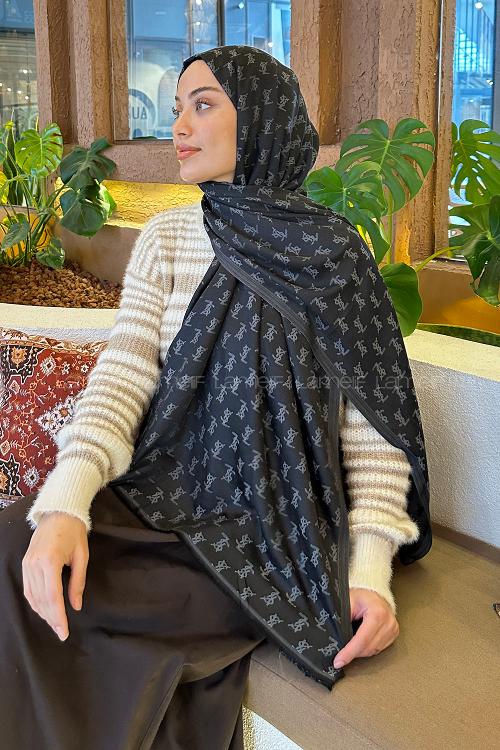Lamelif YSL Desen Kaşmir Çift Taraflı Şal Siyah Antrasit