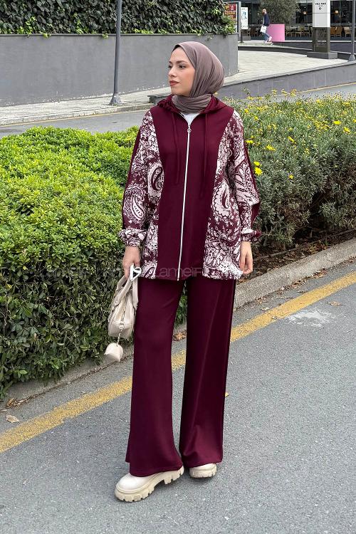 Lamelif Desenli İkili Takım Bordo