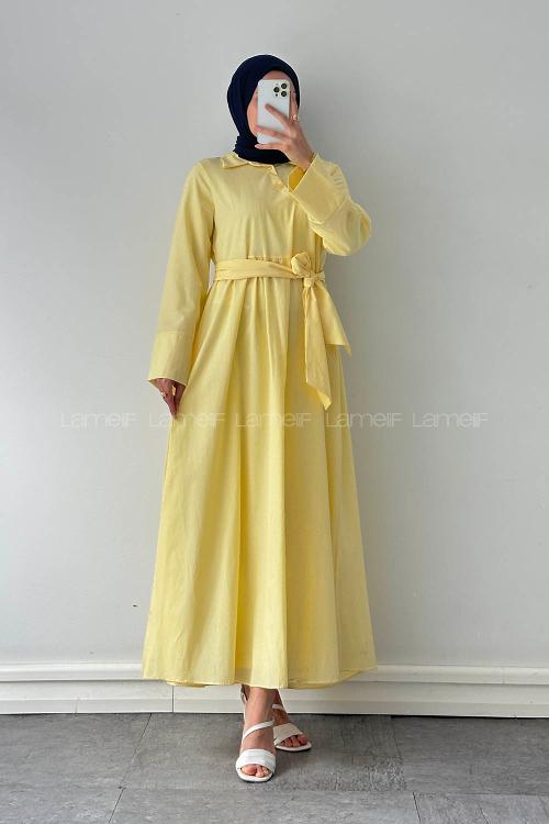 Soft Yellow Shirt Collar Cotton Dresess