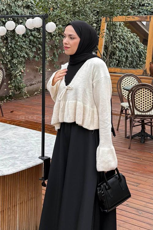 Lamelif Fırfırlı Triko Kazak Natural