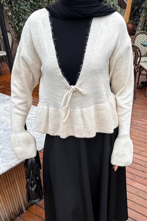 Lamelif Fırfırlı Triko Kazak Natural