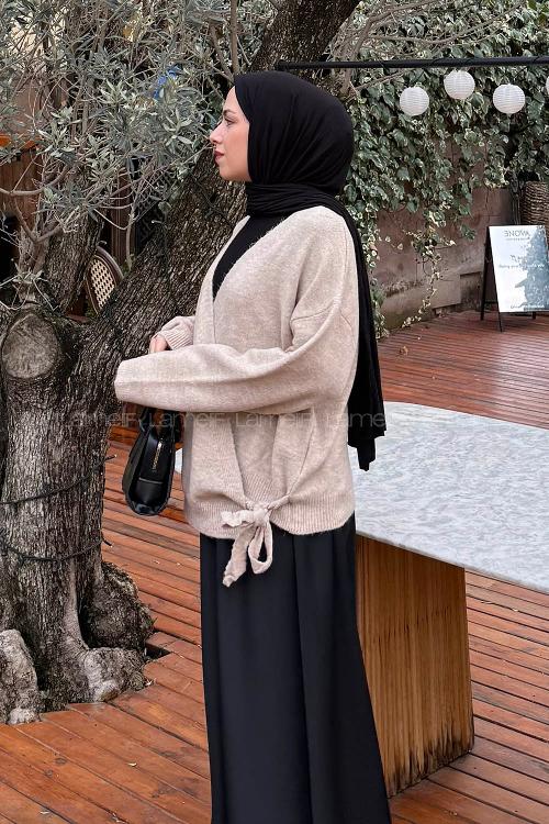 Lamelif Fiyonklu Triko Hırka Bej