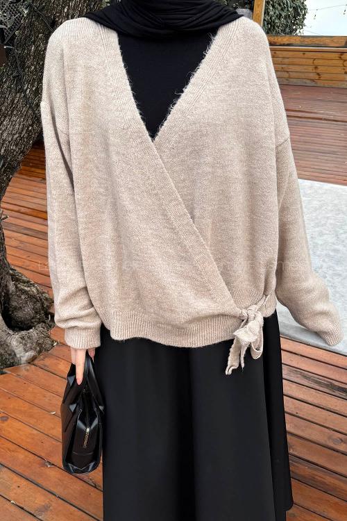 Lamelif Fiyonklu Triko Hırka Bej