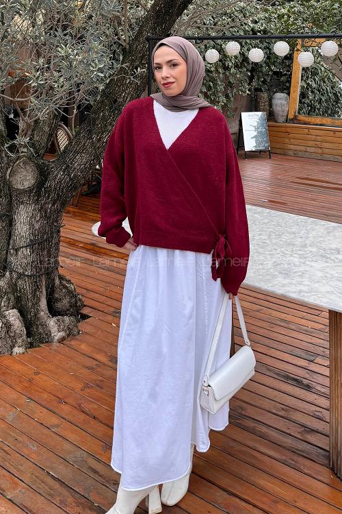 Lamelif Fiyonklu Triko Hırka Bordo