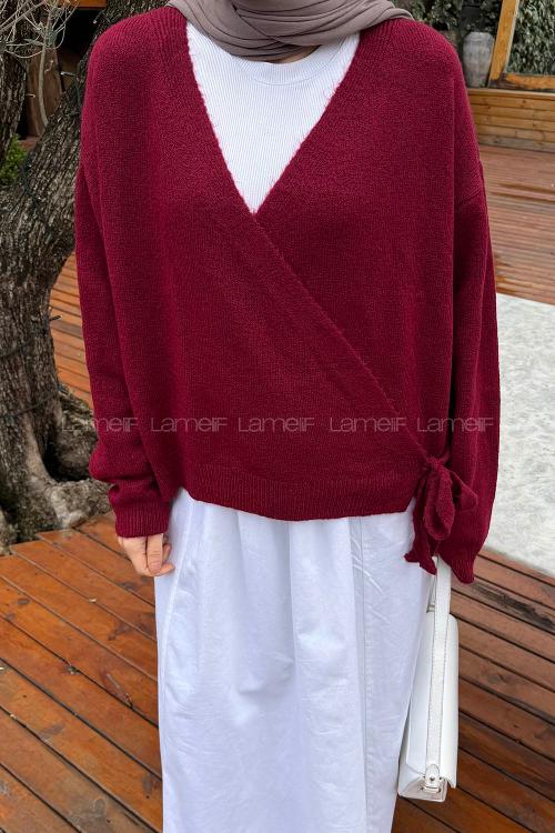 Lamelif Fiyonklu Triko Hırka Bordo