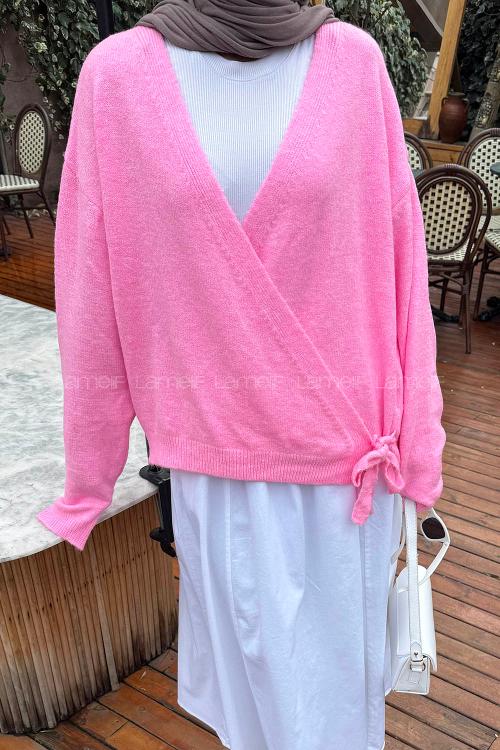 Pink V Neck Long Arm Acrylic Polyester Cardigan