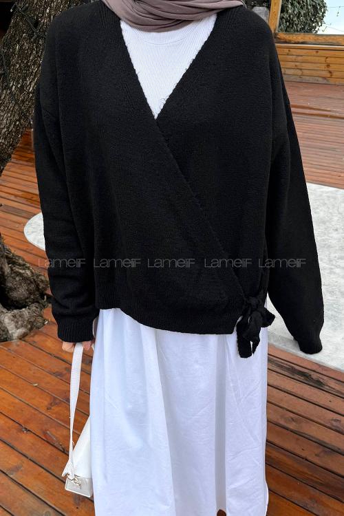 Lamelif Fiyonklu Triko Hırka Siyah