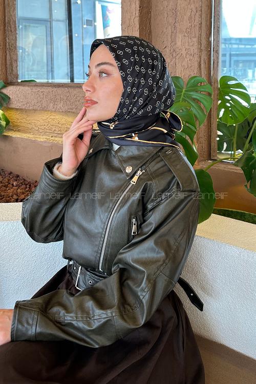 Lamelif G Desen Rayon Eşarp Siyah Camel