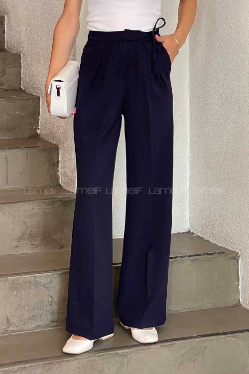 Navy Blue Polyester Normal Waist Material Pants