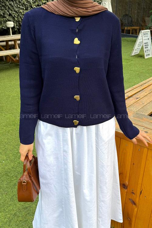 Lamelif Kalp Düğmeli Hırka Lacivert