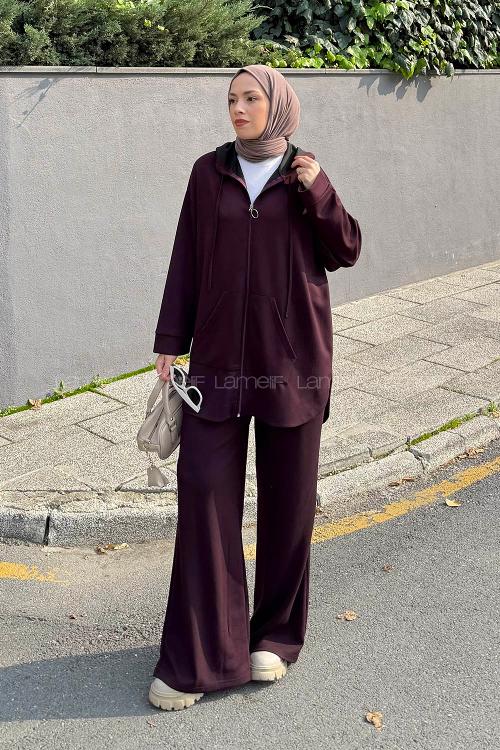 Plum Hood Neck Long Arm Cotton Regular Trousers Comfortable Suit