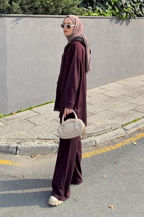 Plum Hood Neck Long Arm Cotton Regular Trousers Comfortable Suit
