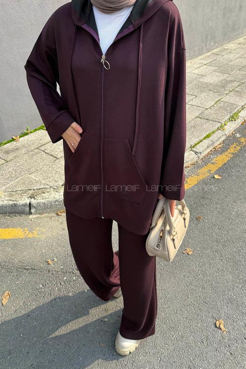 Plum Hood Neck Long Arm Cotton Regular Trousers Comfortable Suit