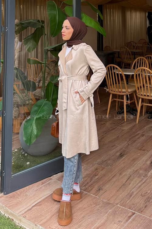 Lamelif Omuz Apoletli Süet Trençkot Taş Rengi