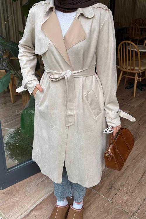 Lamelif Omuz Apoletli Süet Trençkot Taş Rengi