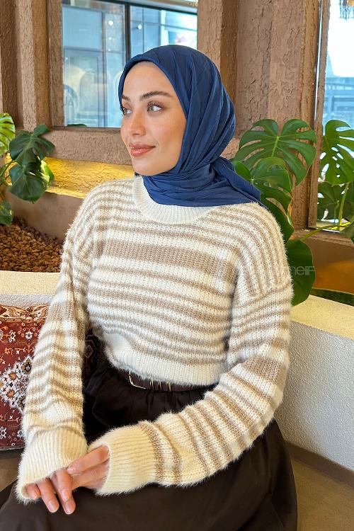 Navy Blue Cotton Fabric Striped Scarf