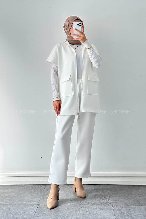 Lamelif Scuba Yelekli Tesettür Takım Beyaz