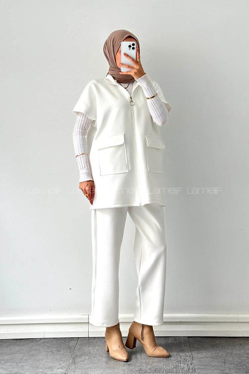 Lamelif Scuba Yelekli Tesettür Takım Beyaz