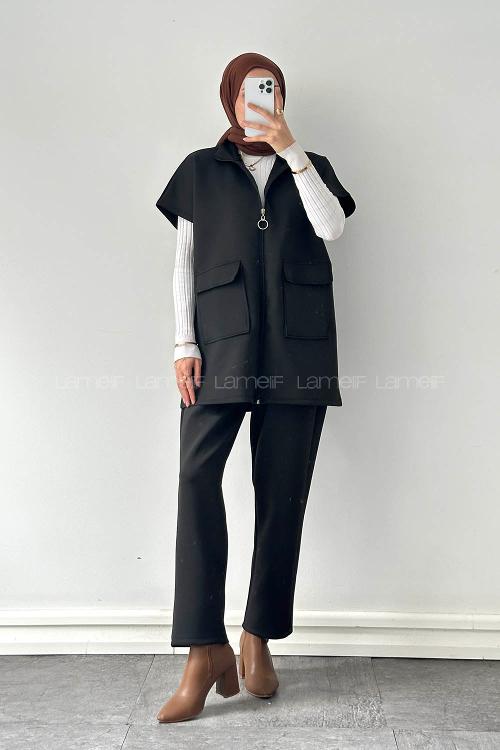 Black Neckband Half Arm Arm Cotton Regular Trousers Comfortable Suit