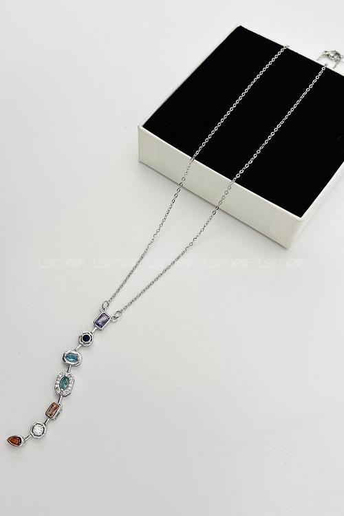 Lamelif Gümüş Çokrenkli Minimalist Kristal Taşlı Y Kolye