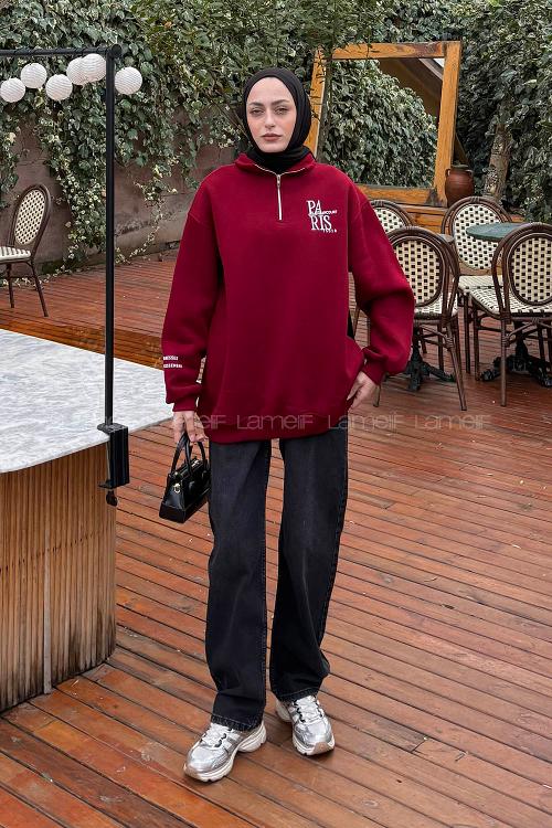 Lamelif Fermuar Yakalı Paris Nakışlı Sweatshirt Bordo