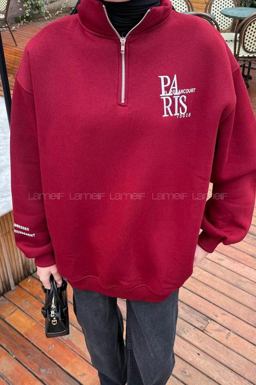 Lamelif Fermuar Yakalı Paris Nakışlı Sweatshirt Bordo