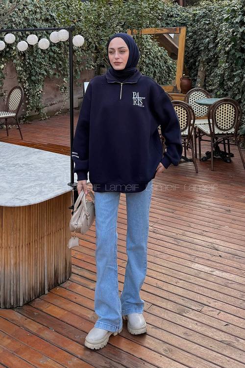Lamelif Fermuar Yakalı Paris Nakışlı Sweatshirt Lacivert
