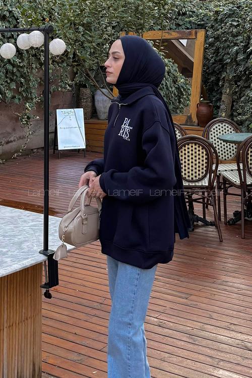 Lamelif Fermuar Yakalı Paris Nakışlı Sweatshirt Lacivert