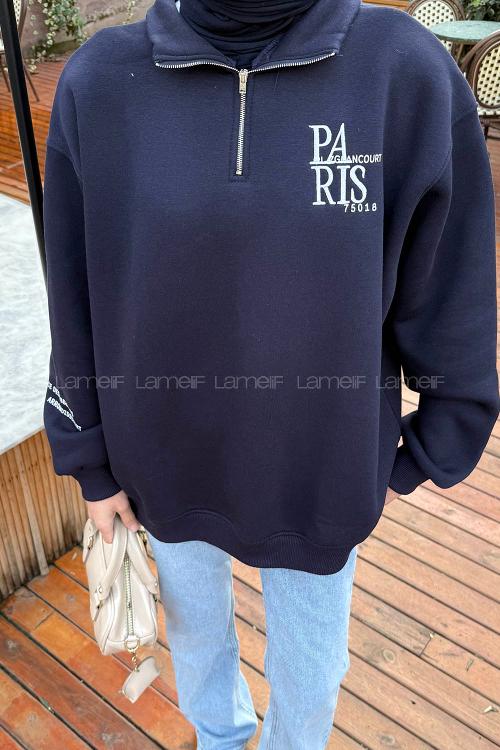Lamelif Fermuar Yakalı Paris Nakışlı Sweatshirt Lacivert