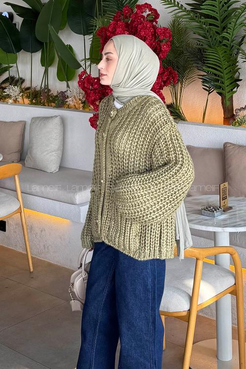 Lamelif Gold Düğme Detaylı Cepli Hırka Haki