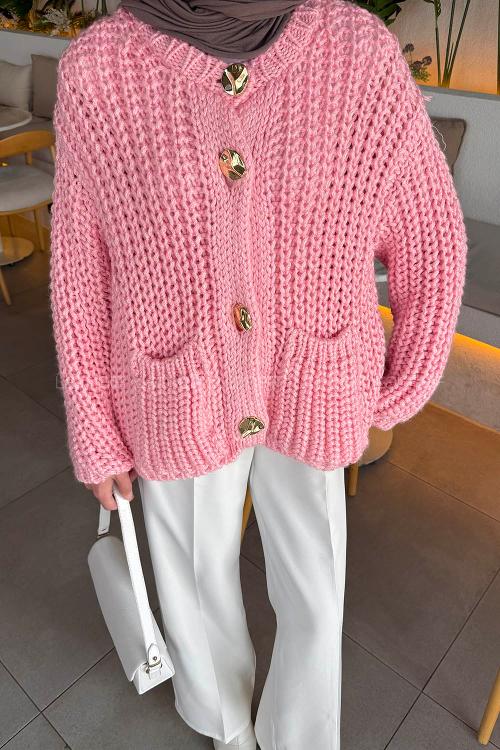 Lamelif Gold Düğme Detaylı Cepli Hırka Şeker Pembe