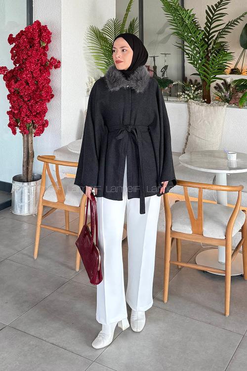 Lamelif Kürk Yaka Panço Antrasit