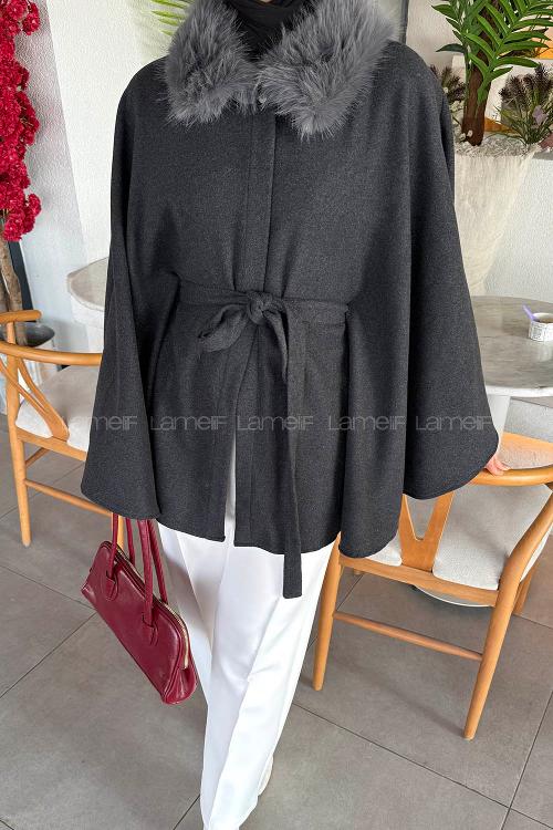 Lamelif Kürk Yaka Panço Antrasit