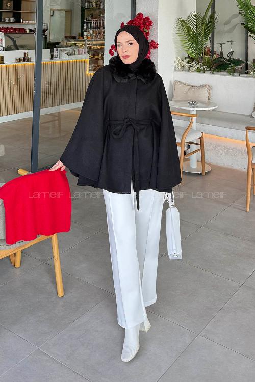 Lamelif Kürk Yaka Panço Siyah