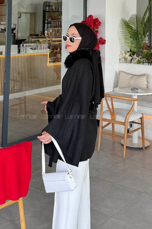 Lamelif Kürk Yaka Panço Siyah