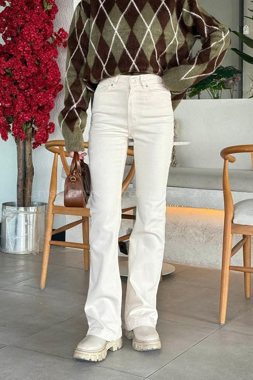 Cream Cotton Denim Elastan High Waist Denim Pants