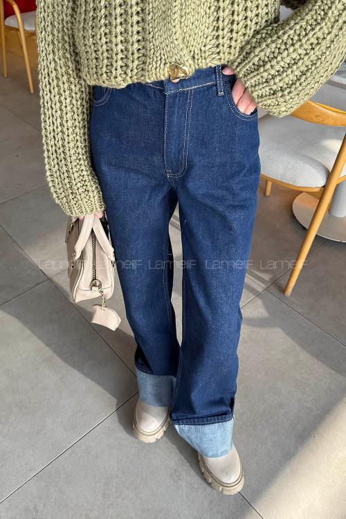 Dark Blue Cotton Denim High Waist Denim Pants