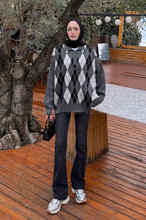 Lamelif Polo Yaka Baklava Desen Kazak Gri