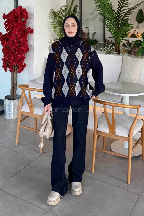 Lamelif Polo Yaka Baklava Desen Kazak Lacivert