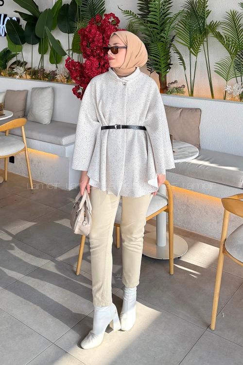 Lamelif Tesettür Kemerli Panço Ekru