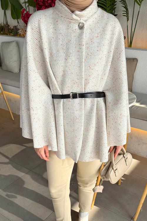 Lamelif Tesettür Kemerli Panço Ekru