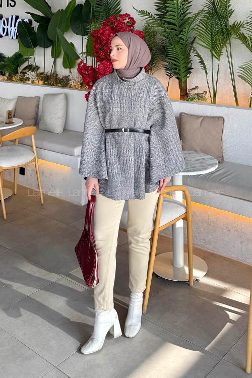 Lamelif Tesettür Kemerli Panço Gri