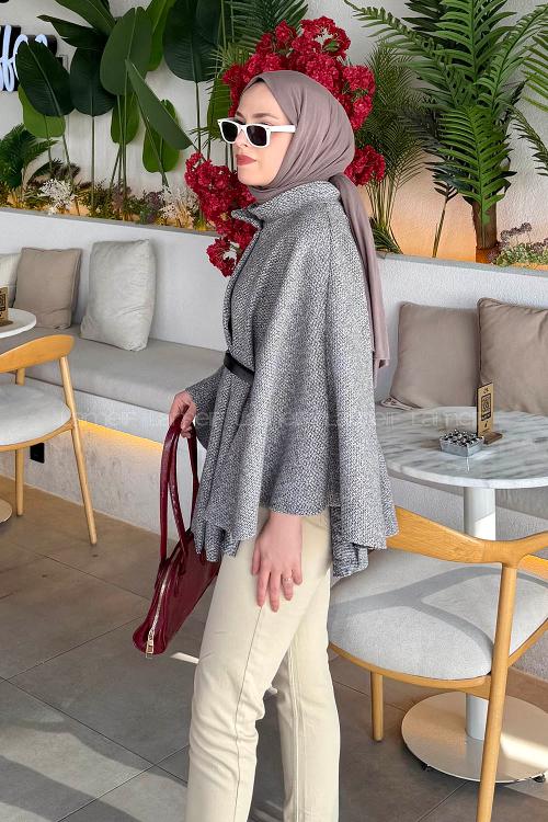 Lamelif Tesettür Kemerli Panço Gri