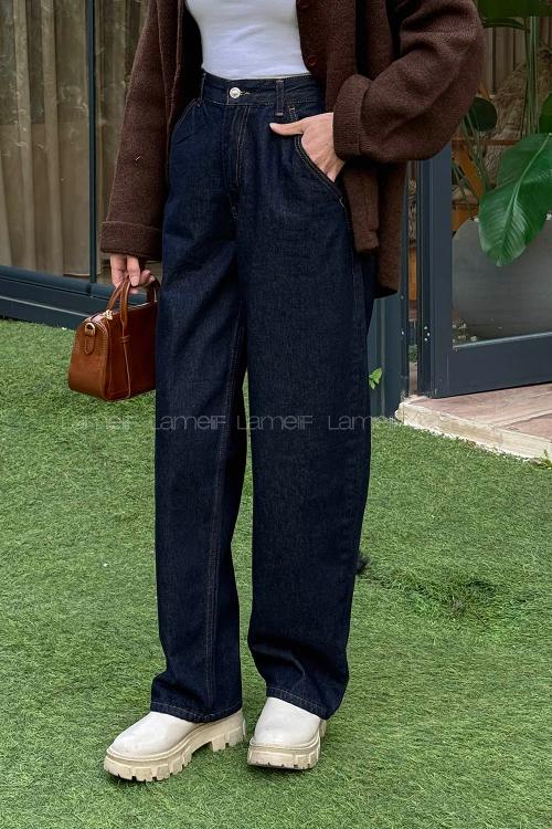 Lamelif Yan Cep Detaylı Boyfriend Pantolon Koyu Mavi