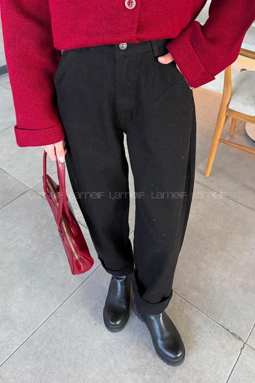 Lamelif Yan Cep Detaylı Boyfriend Pantolon Siyah
