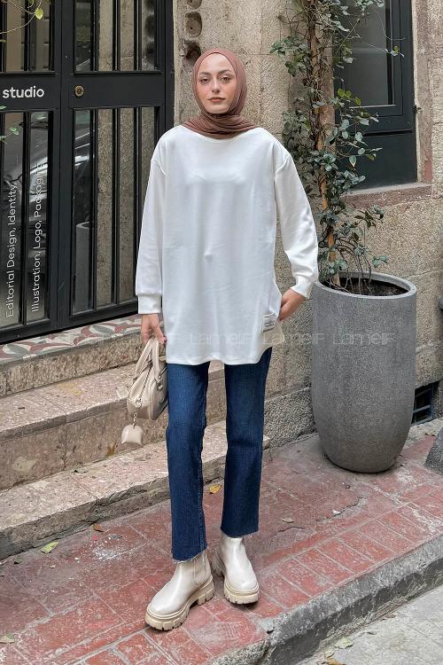 Lamelif Armalı Tesettür Sweat Beyaz