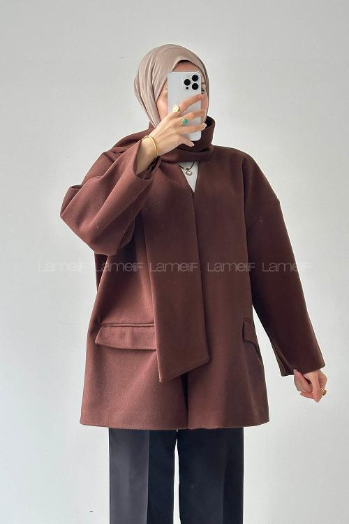 Lamelif Atkılı Kaşe Kaban Acı Kahve