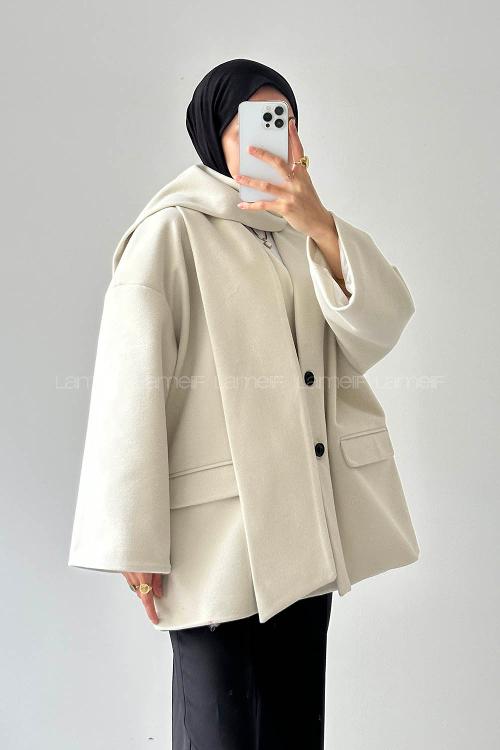 Lamelif Atkılı Kaşe Kaban Krem