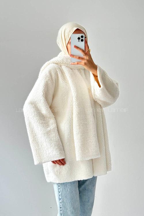 Lamelif Atkılı Peluş Mont Beyaz