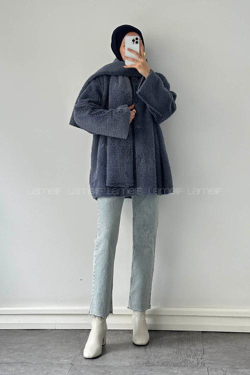 Lamelif Atkılı Peluş Mont Kot Mavisi